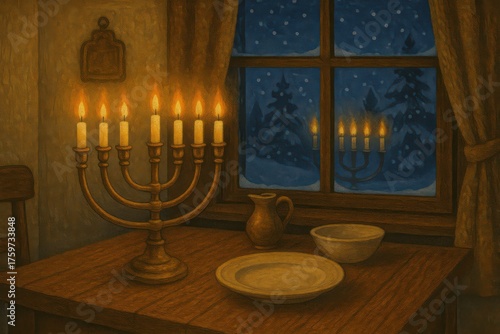 Seven-branched menorah with burning candles on a wooden table by the window on a snowy winter night, symbol of faith and tradition. Illustration by Generative AI