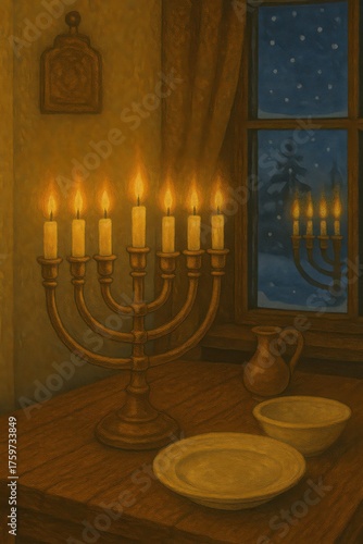 Seven-branched menorah with burning candles on a wooden table by the window on a snowy winter night, symbol of faith and tradition. Illustration by Generative AI