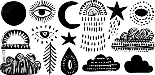 Celestial boho design set with moon, stars, and eyes for artistic projects