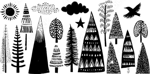 Woodland silhouette collection of mountains, trees, and celestial elements for nature-themed designs