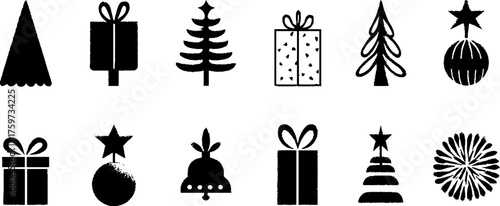 New year celebration set: tree, star, gift, ornament, bell, and snowflake silhouettes for holiday design