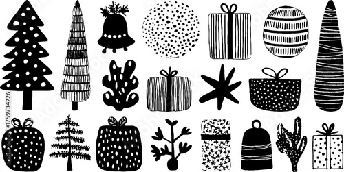 Festive new year elements - fir tree, star, ball, gift, bell, and snowflake silhouettes for holiday design