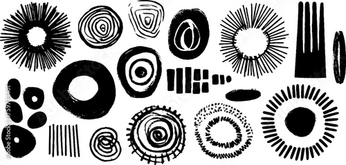 Abstract radial elements set featuring spirals, rings, and concentric circles for artistic design