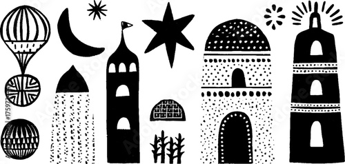 Ramadan elements in black and white - moon, mosque, star, lantern for boho design