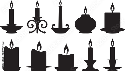 Minimal Silhouette Set of Burning Candles in Holders