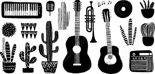 Retro music and instruments with botanical elements for creative design