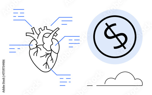 Detailed heart sketch with data lines connecting to a dollar sign. Ideal for health economics, medical finance, cost analysis, healthcare research, insurance, wellbeing, simple flat metaphor