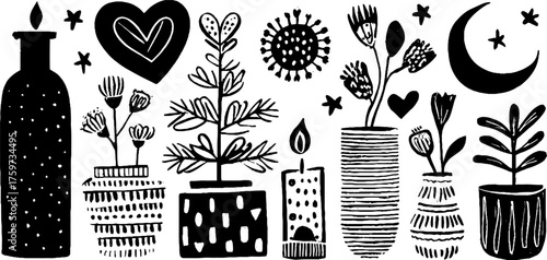 Romantic boho silhouette set with flowers candles and celestial elements for vintage design