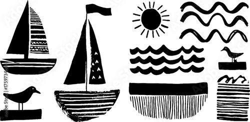 Nautical theme with sailboats and seagulls in black and white for design