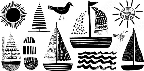Nautical adventure with sailboats, seagulls, and sun - black and white silhouette design for wall art or poster