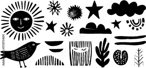 Celestial and nature silhouettes in black and white for artistic design