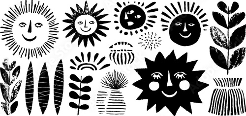 Celestial sun and moon faces in scandinavian linocut art for rustic decor