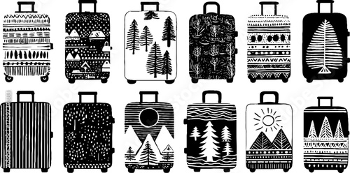 Travel adventure theme suitcases with scandinavian woodland and celestial patterns