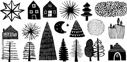 Winter festival linocut art set: snowflakes, stars, and woodland elements for holiday décor