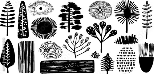 Botanical themed woodcut silhouettes of trees and leaves for vintage design