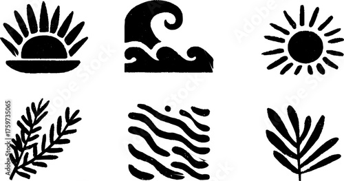 Tranquil yoga symbols: lotus pose, waves, sun, and leaf elements for design