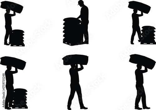 Warehouse workers lifting heavy bags, vector silhouettes showing manual labor, pallet stacking, carrying sacks, workplace safety, ergonomics, and industrial storage tasks