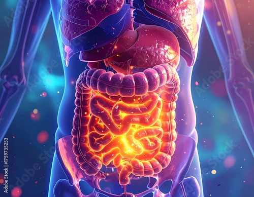 Artistic illustration of the human digestive system, glowing