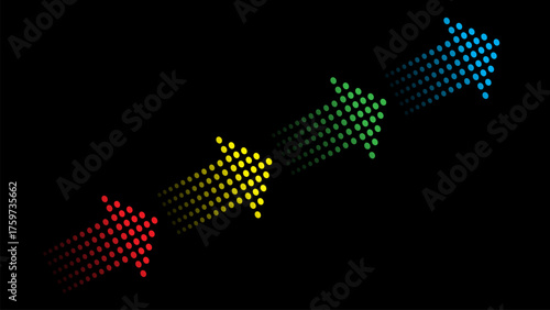 Four halftone arrows in red, yellow, green, and blue move diagonally to the upper right on an elegant black background.