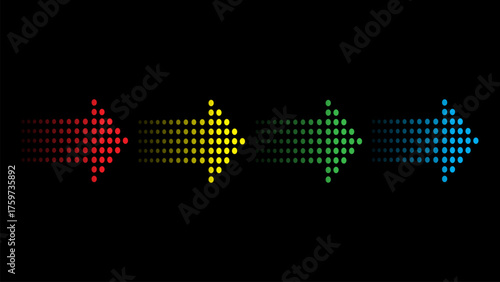 Four halftone arrows in red, yellow, green, and blue are aligned horizontally on a black background with a futuristic gradient dot effect.