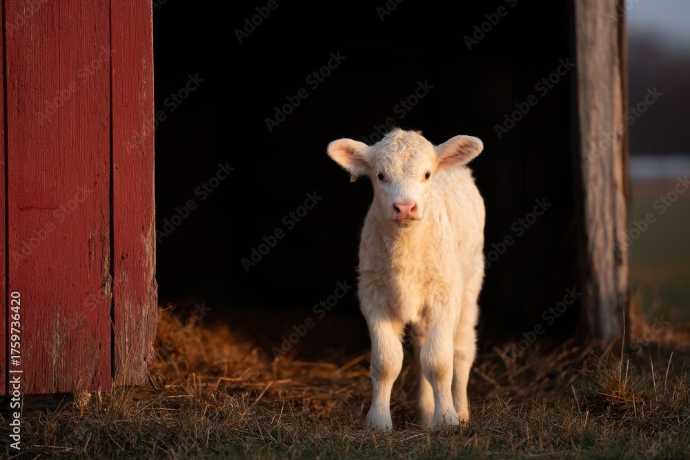 Obraz premium Cute Baby Cow Standing by Open Red Barn Door on a Rural Farm in the Evening