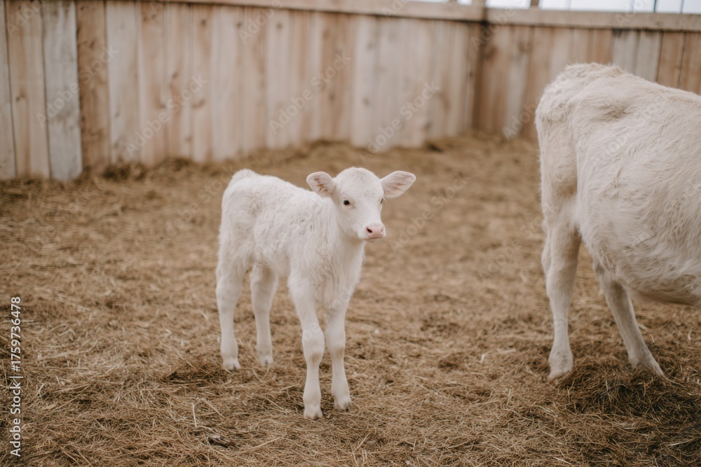 Fototapeta premium Cute Newborn Calf Stands Beside Its Mother in a Bright Barn During the Day