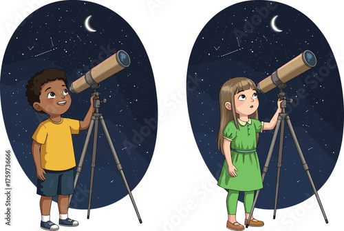Children observing night sky with telescopes, astronomy learning, stargazing activity, kids exploring space, moon stars constellations, educational science outdoor adventure