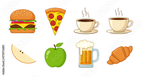 Collection of cartoon food and drink icons including burger pizza coffee apple beer and croissant