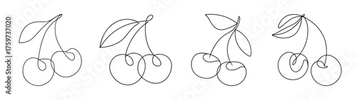 Delicate line art sketches of ripe cherries and cherry stems with leaves presented in a linear arrangement for artistic appeal