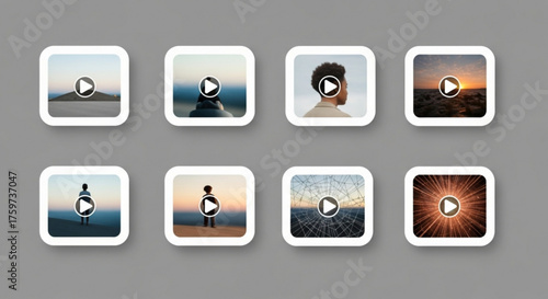 Collection of video thumbnails showcasing diverse content, including landscapes, portraits, and abstract designs, presented in a clean and modern layout