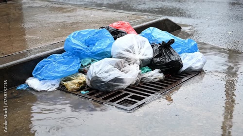 A Pile of Plastic Bags Gathered Near a Drain in Wet Urban Environment