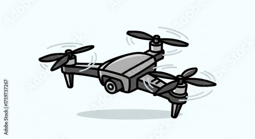 Illustration of a gray drone with four propellers, camera, and landing gear, perfect for aerial photography projects