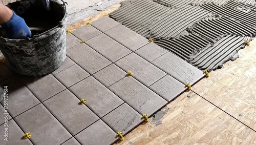 Manual floor tile installation process with gray cement mortar