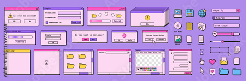 Retro vaporwave mobile and desktop interface UI set. 90s style dialog windows, chat bubbles, and icons. Flat Style Vector Illustration.