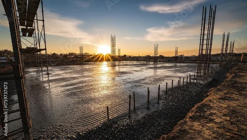 Construction Site at Sunset with Reflection on Wet Concrete Surface
