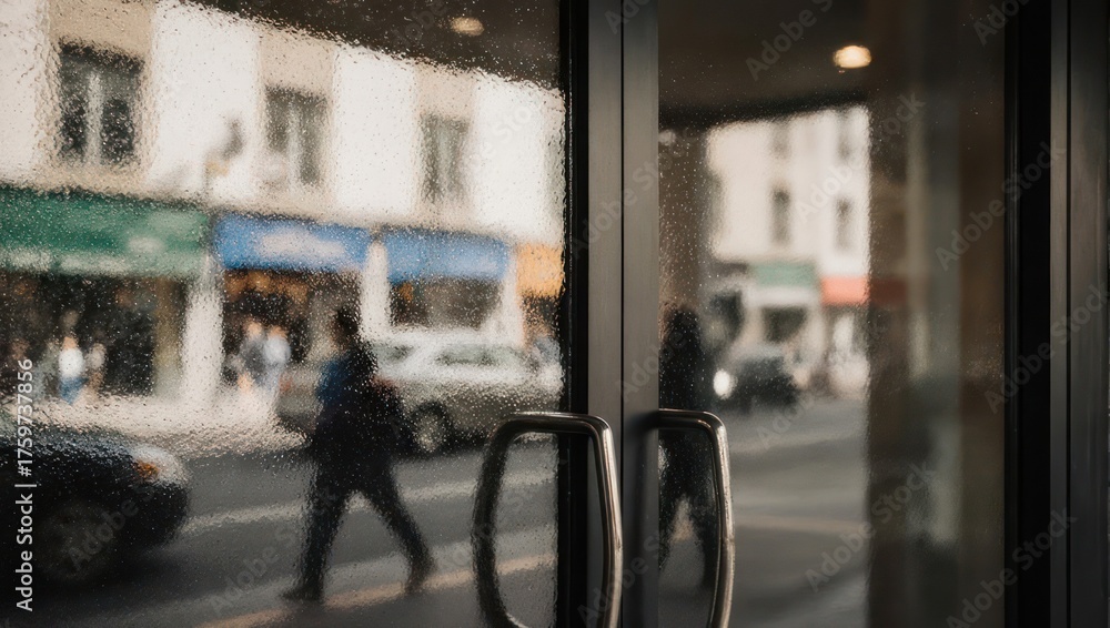 Fototapeta premium City street scene reflected in glass door with blurred figures.