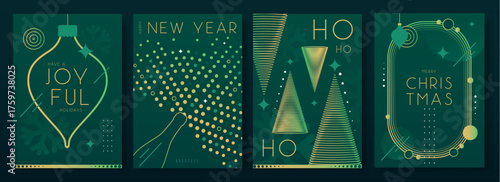 Set of Christmas holiday flat posters on emerald green background. Line art vector illustration. Futuristic Christmas greeting card design. Vector illustration
