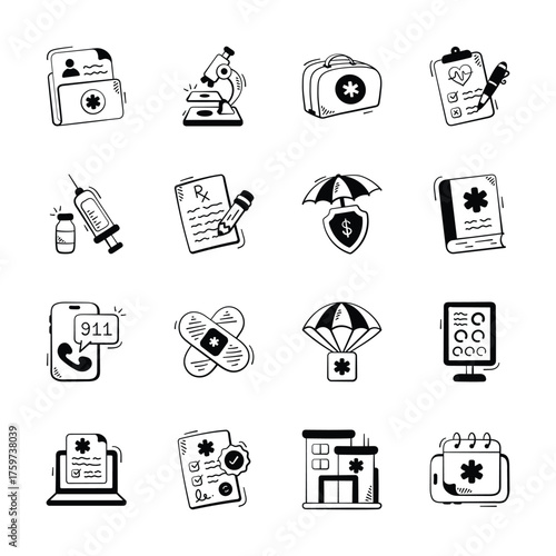 Take your hands on this amazing set of medical and health icons in modern hand drawn style