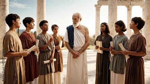 Ancient Greece Education Scene with Philosopher and Young Students