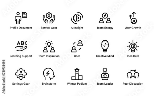 Creative innovation and brainstorming icon collection. Features idea bulbs, AI insight, and winner podium for your success.