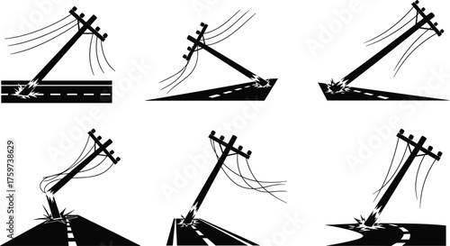 Damaged utility pole silhouettes with broken power lines, leaning electricity poles, disaster aftermath illustration, black and white vector industrial scene