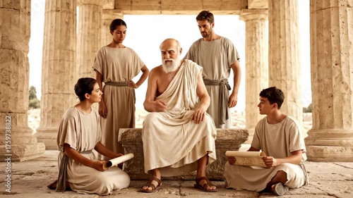 Ancient Philosophers Discuss Wisdom Amidst Classical Architecture