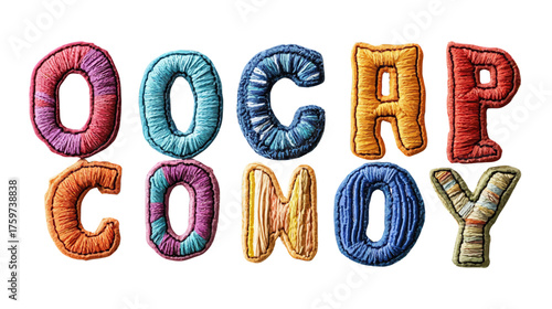 Colorful Embroidered Letters, Textile Art, Creative Design, Art Studio, Vibrant Environment, Close-Up View, Craft Concept