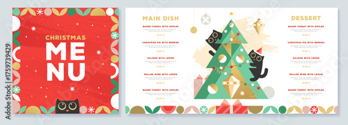 Restaurant Christmas holiday flat menu design with funny cats. Vector illustration