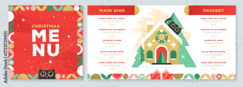 Restaurant Christmas holiday flat menu design with funny cats. Vector illustration