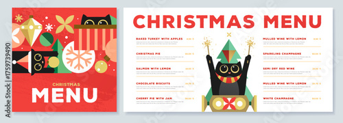 Restaurant Christmas holiday flat menu design with funny cats. Vector illustration