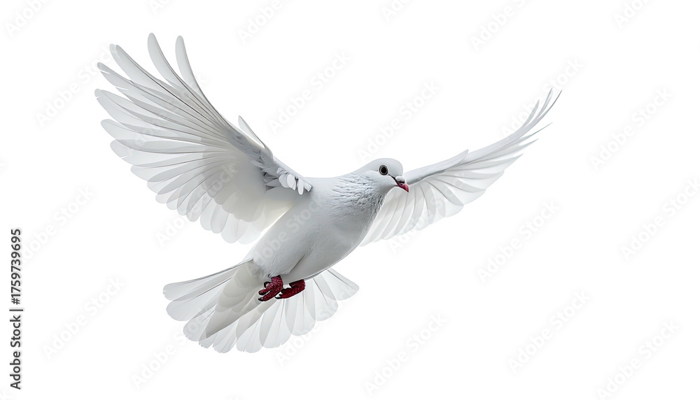Fototapeta premium White dove in flight, wings outstretched, against a dark backdrop