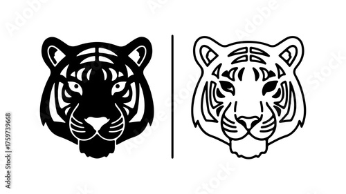 Tiger heads outline and solid with transparent background