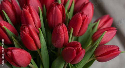 Wallpaper Mural Beautiful bouquet of red tulips with water droplets, showcasing freshness and elegance in a soft background Torontodigital.ca