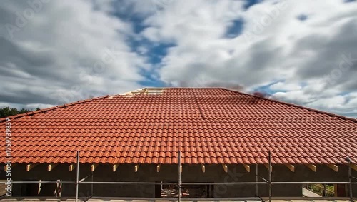 Roof Construction with Wooden Framing under Blue Sky and Clouds